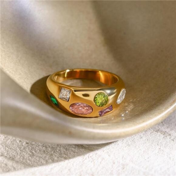 18K Gold-Plated Colorful Zircon Ring - Picture 1 of 7